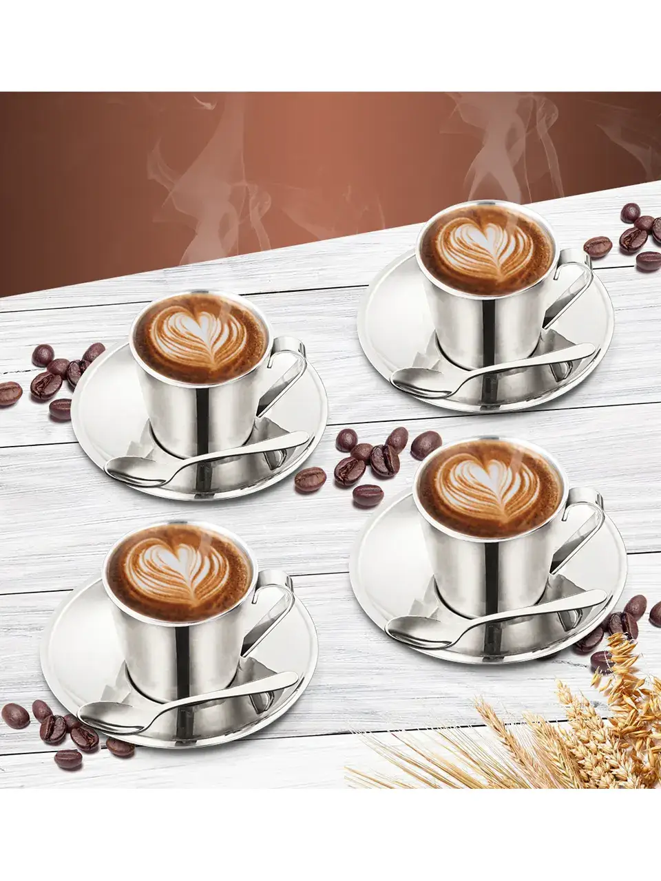 Stainless Steel 4 PCS Double Wall Cup and Saucer Rise Buy @ ₹2249