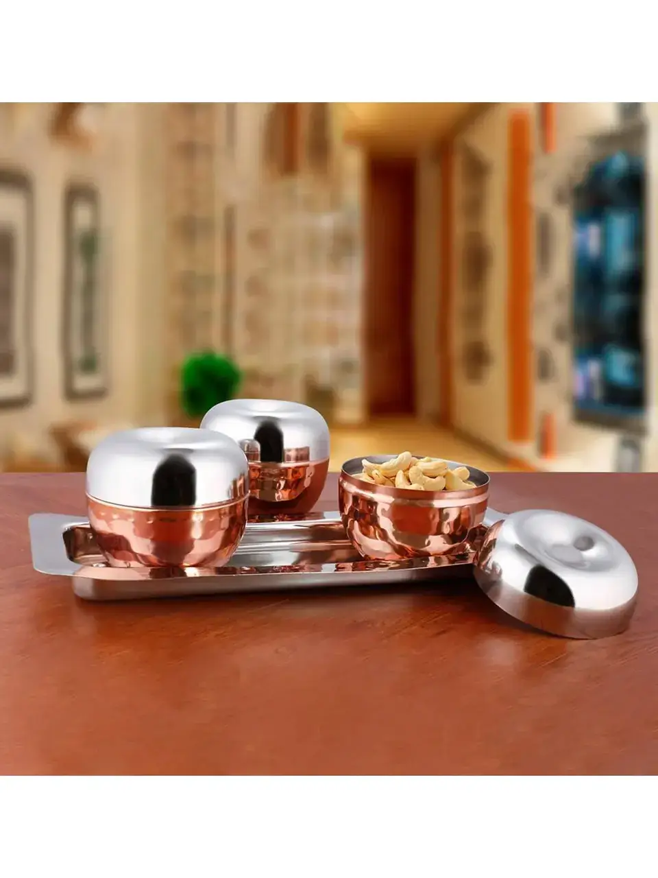 Stainless Steel Copper Hammered Canister Set with SS Tray Volga(LAC) Buy @ ₹1349