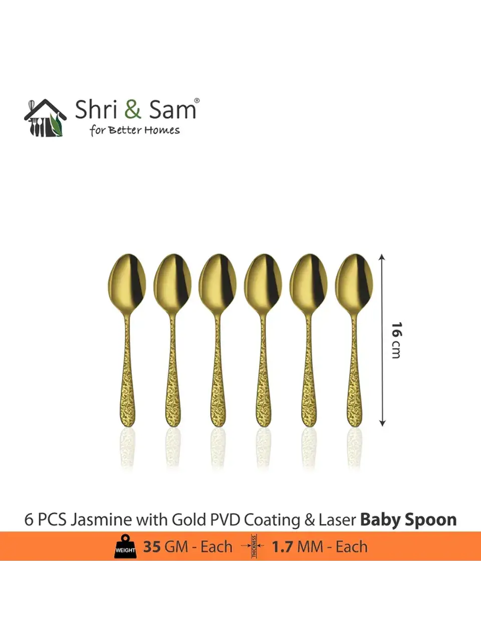 Stainless Steel Cutlery with Gold PVD Coating AND Laser Jasmine 6 PCS Baby Spoon Buy @ ₹584