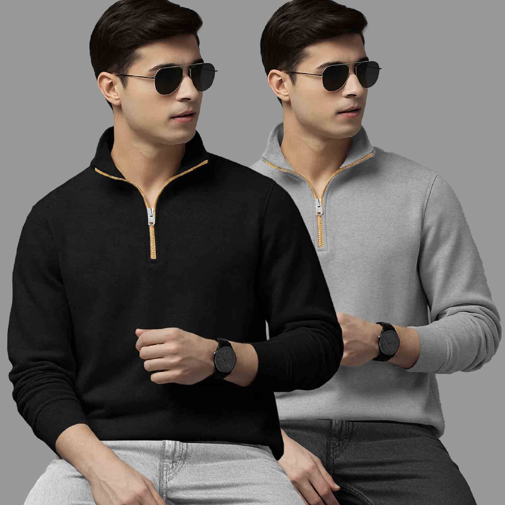 (Pack Of 2) High Neck Black & Grey Plain Sweatshirts