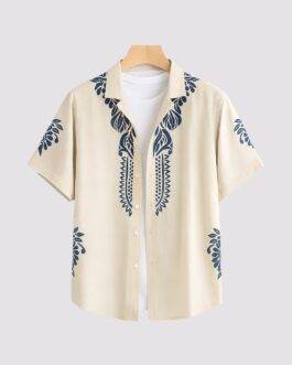 Cream Border Men’s Half Sleeve Casual Printed Shirt