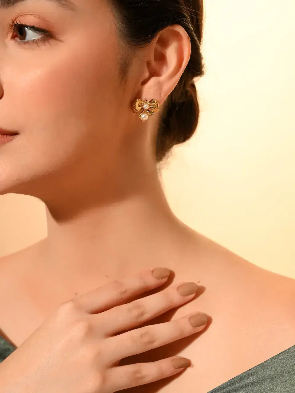 Sayda Jewels Golden Bow Pearl Stud Earrings Buy @ ₹425