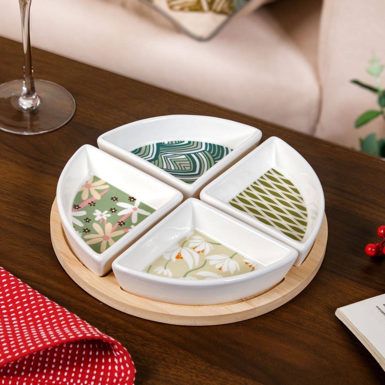 Sage Scape Sectioned Platter With Wooden Tray Set Of 5 buy only at ₹1450