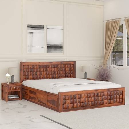 Keaton Sheesham Wood Queen Size Bed In Honey Oak Finish With Hydraulic Storage (60 x 78 inches)