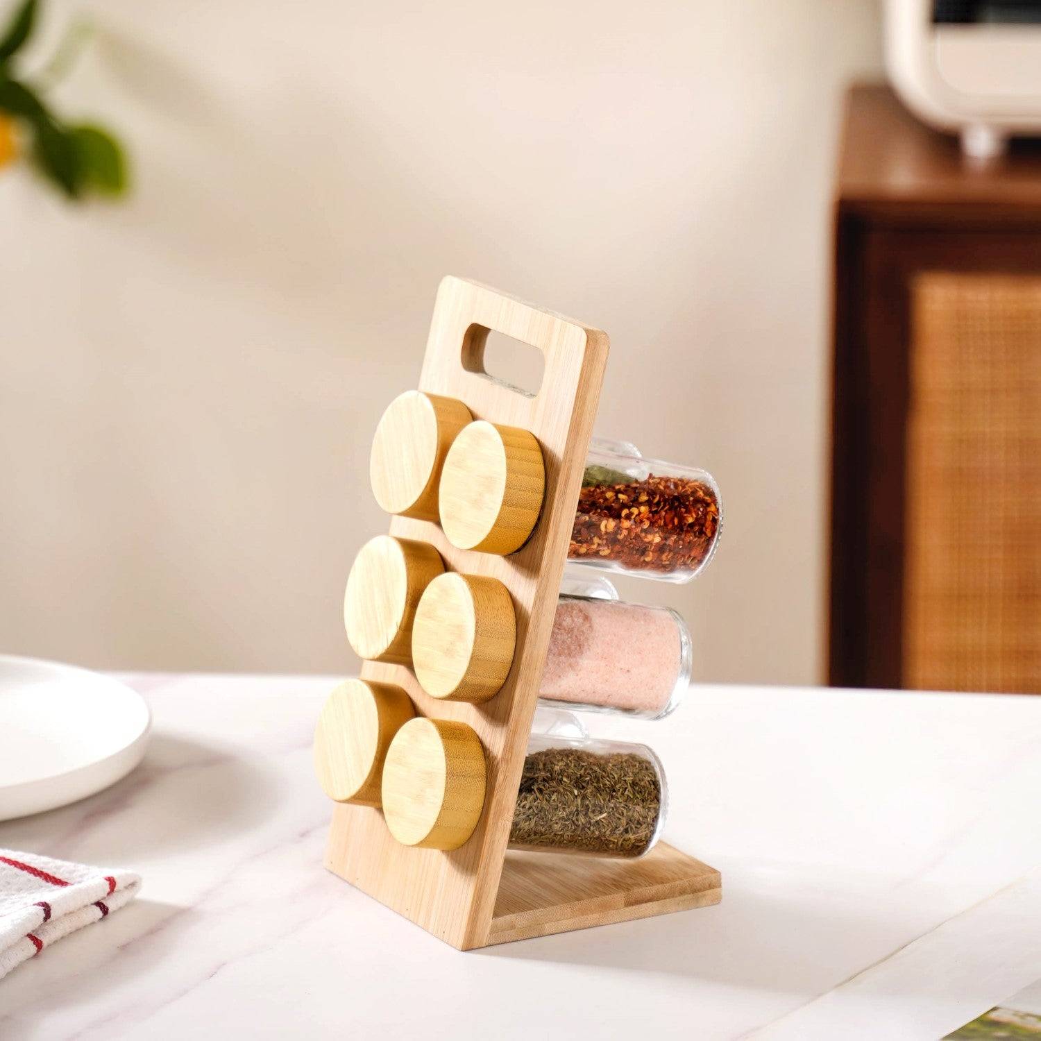 Set Of 6 Airtight Seasoning Jars With Wooden Stand 80ml