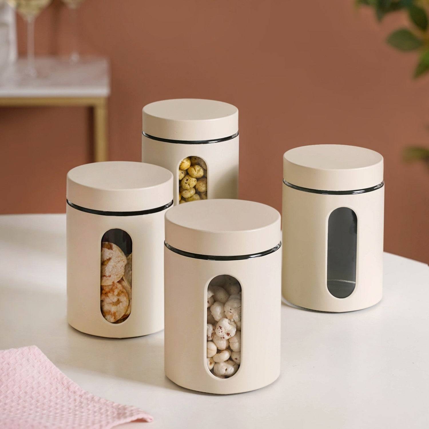 Set Of 4 Glass Storage Canister With Viewing Window 1200ml