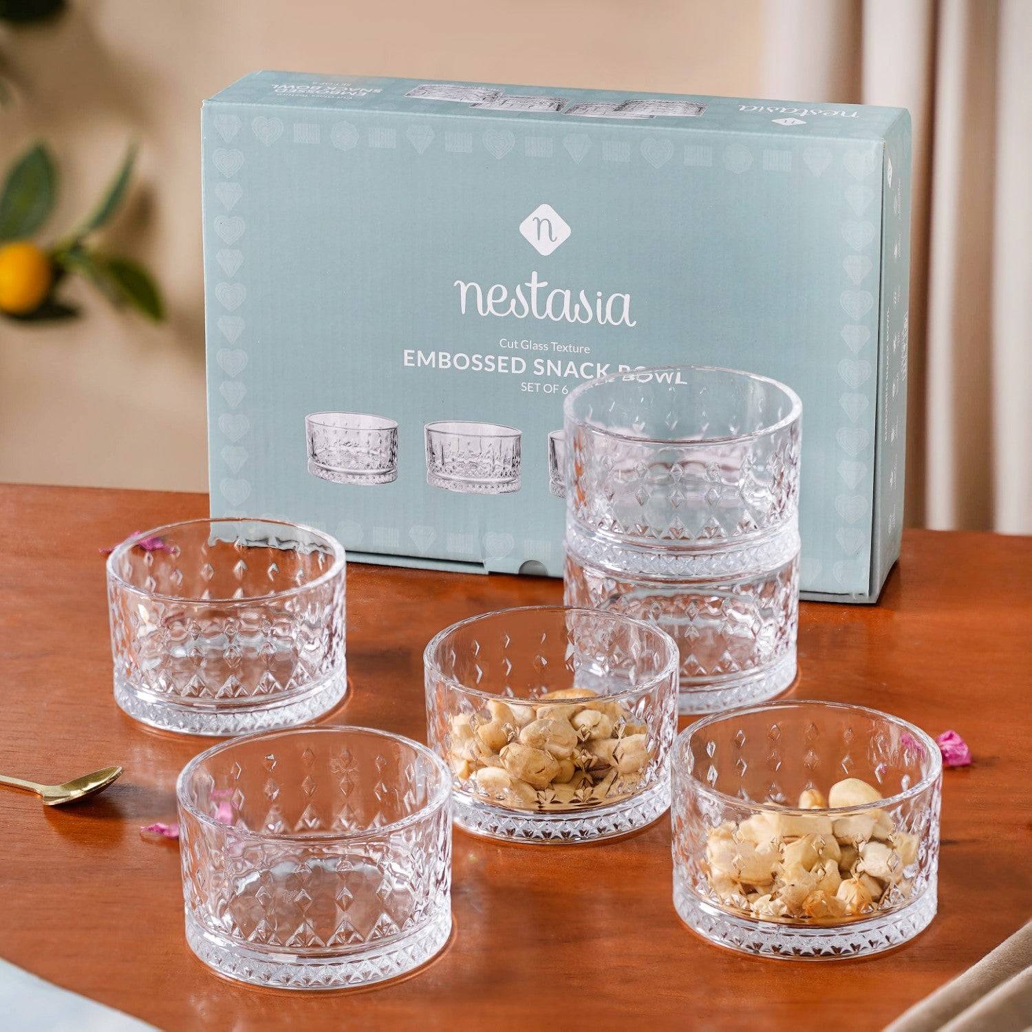 Set Of 6 Diamond Embossed Glass Snack Bowls 220ml buy only at ₹645