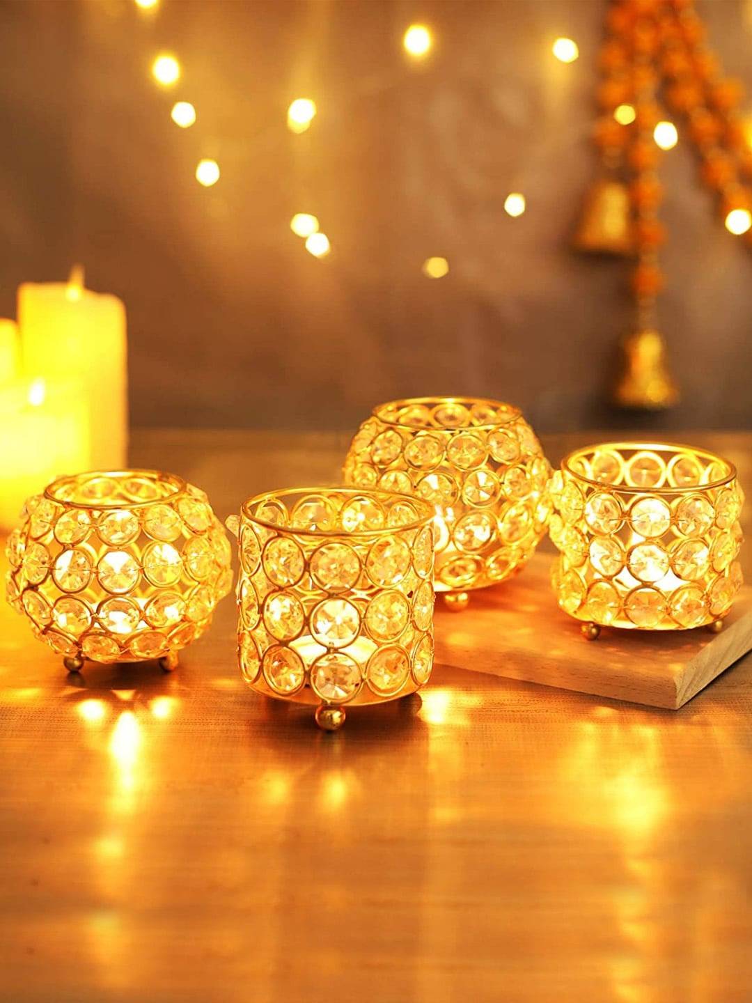 Set Of 4 Gold-Toned Crystal Tea Light Candle