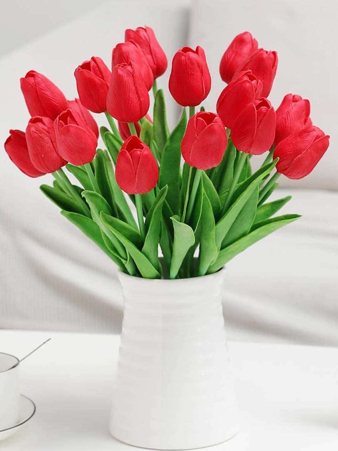 Set Of 5 Red and Green Artificial Tulip Silk Flowers Sticks