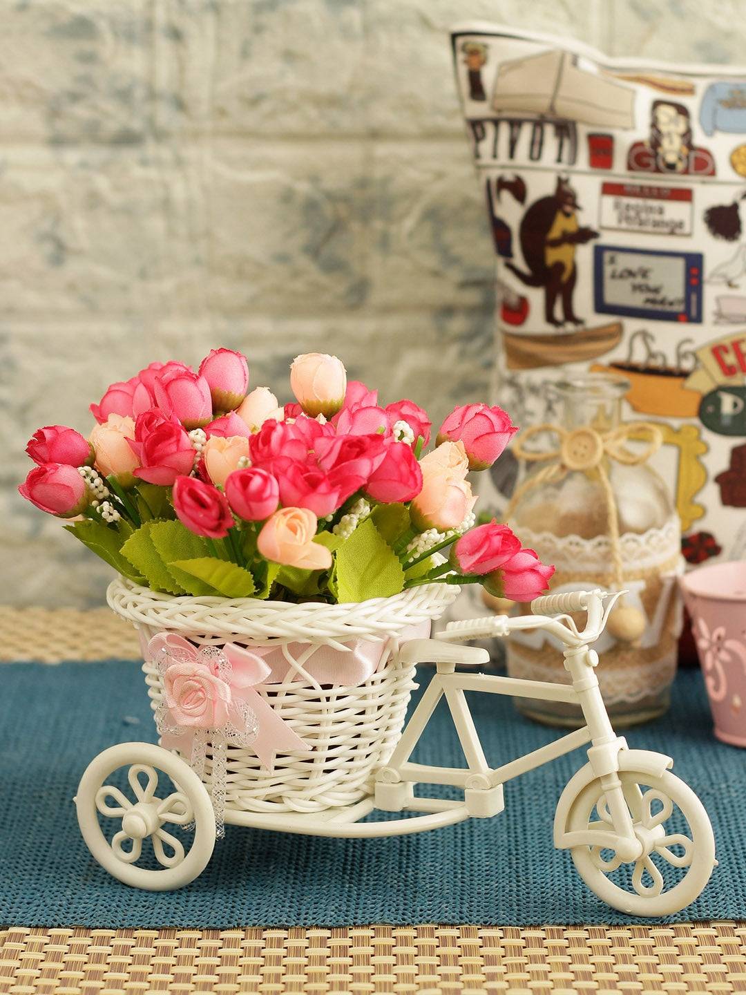 Pink and White Artificial Flower Bunches With Vase