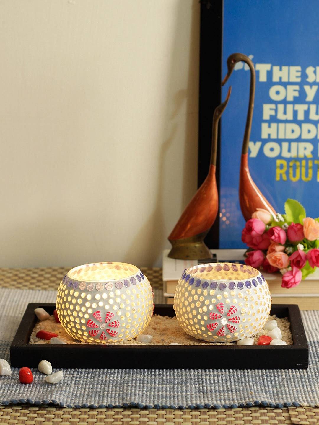 Set of 2 White & Grey Glass Tealight Candle Holder