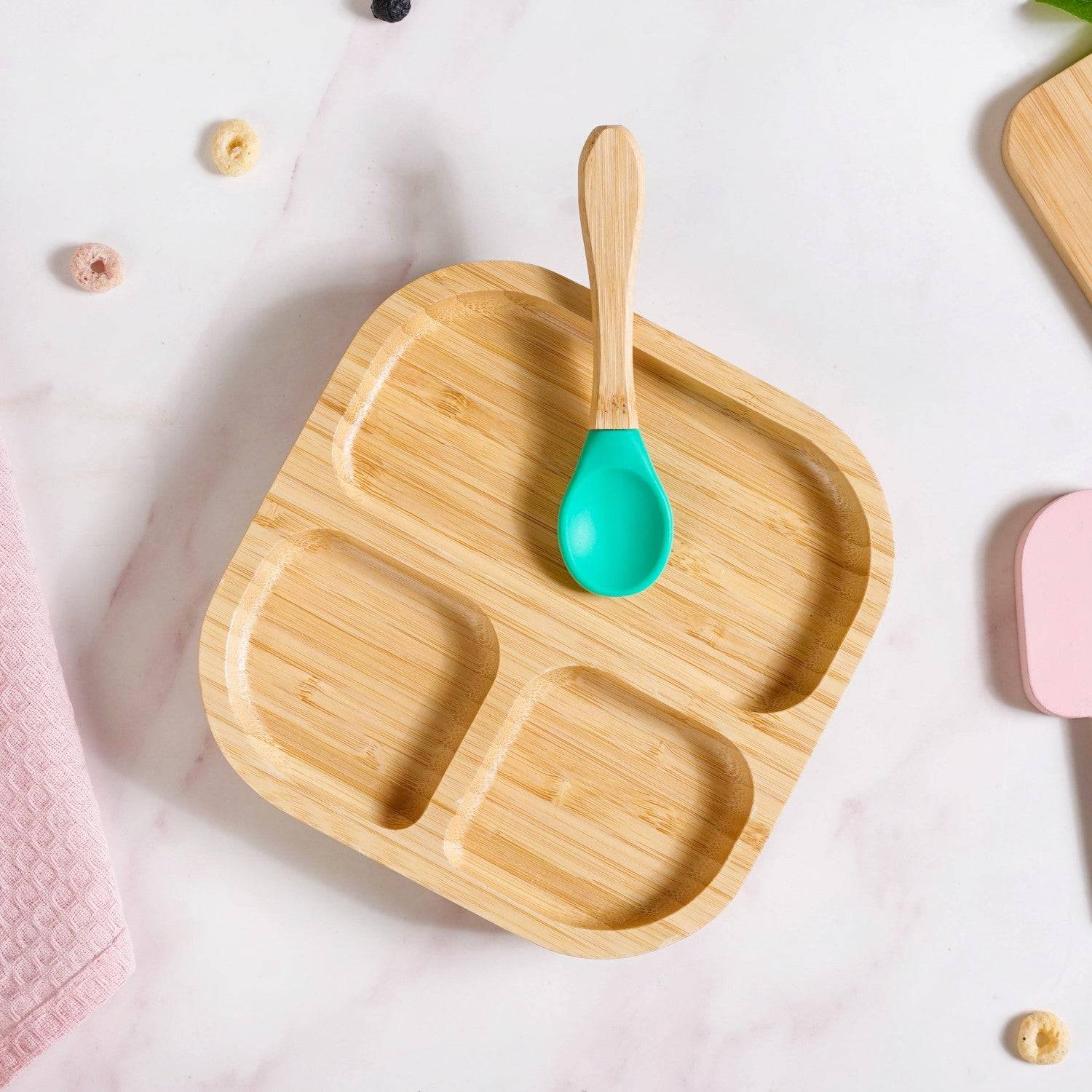 Silicone Suction Base Wooden Plate For Kids With Spoon