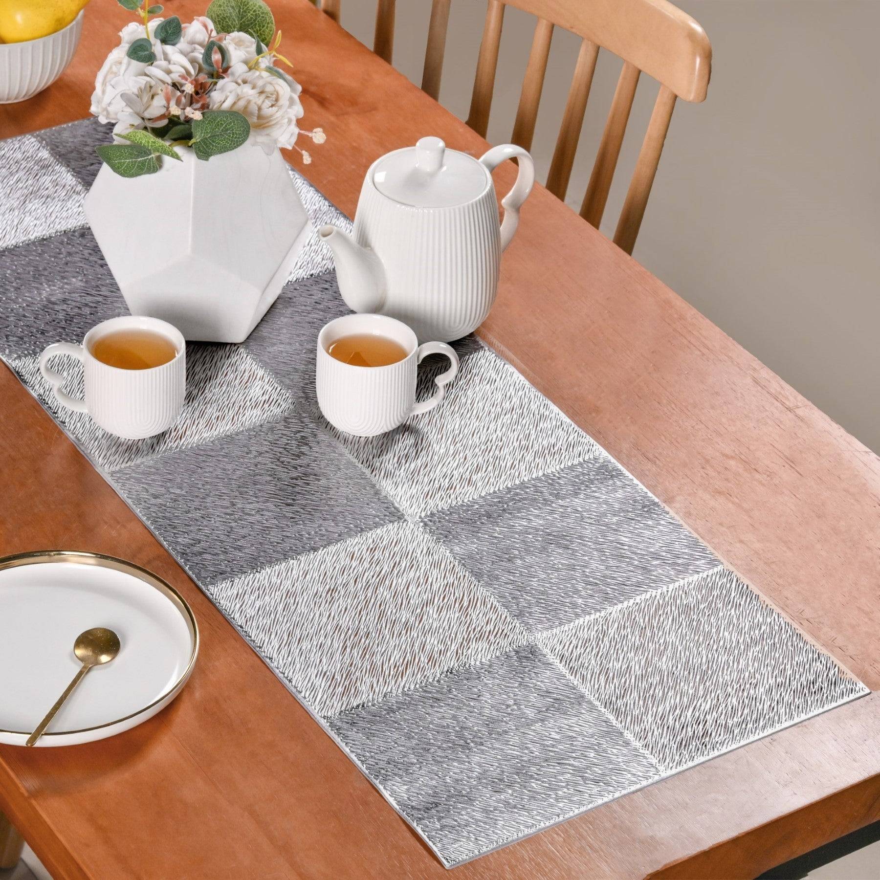 Grid Dining Table Runner Silver Grey 92x35cm
