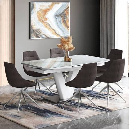 Caribu 6 To 8 Extendable Dining Table With Set Of 6 Doris Swivel Accent Chairs (Colour- Dark Grey, Finish- White High Gloss)