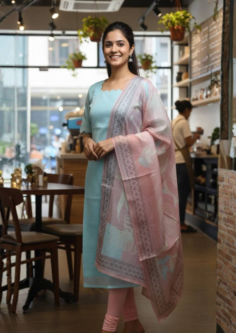 Sky Cream Top & Dupatta Set