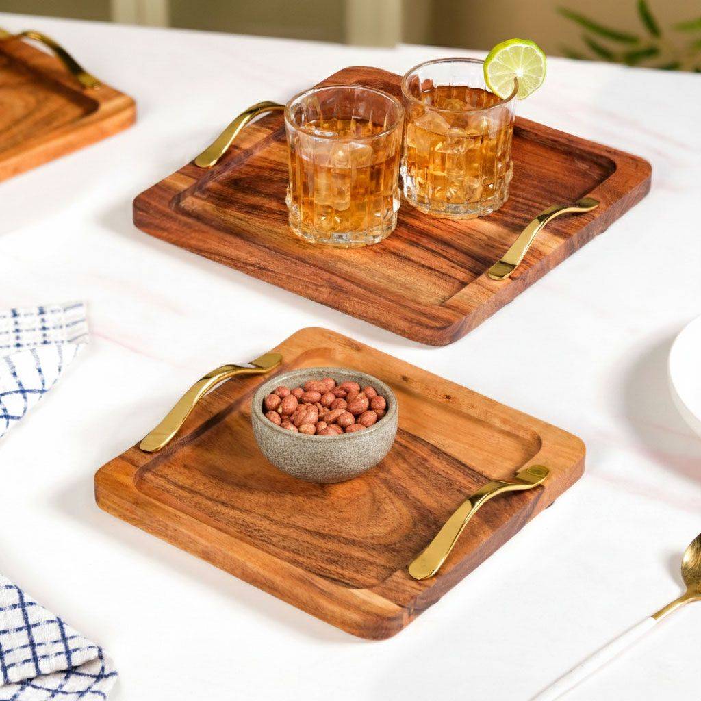Square Wood Serving Tray With Gold Handles Set Of 2