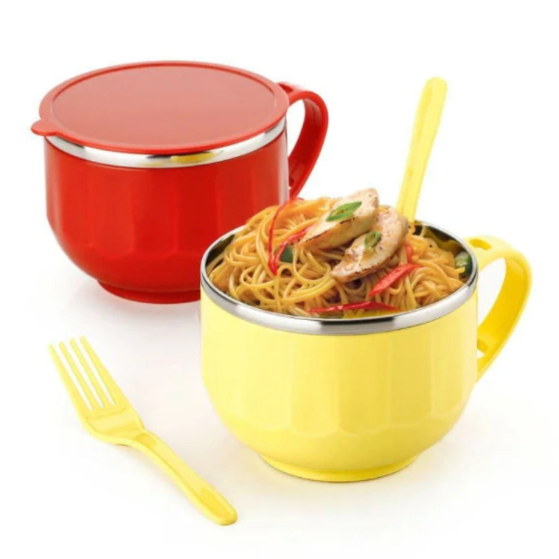 Stainless Steel Maggie & Soup Bowl – Noodle & Food Container with Airtight Lid, Handle, Spoon Holder, Spoon & Fork for Kitchen & Picnic(Random color-Pack of 1) Buy @ ₹199