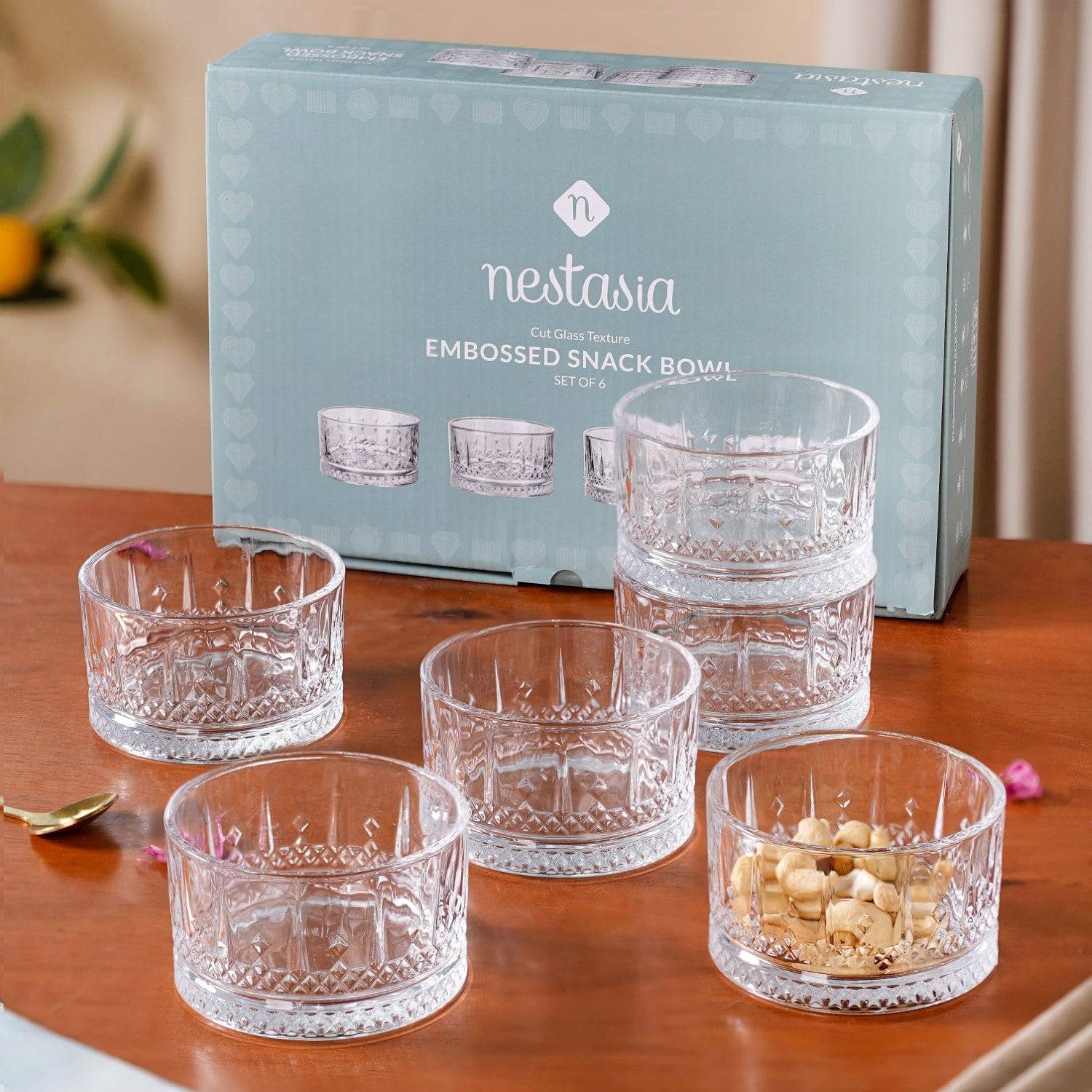 Embossed Glass Snack Bowl Set Of 6 220ml