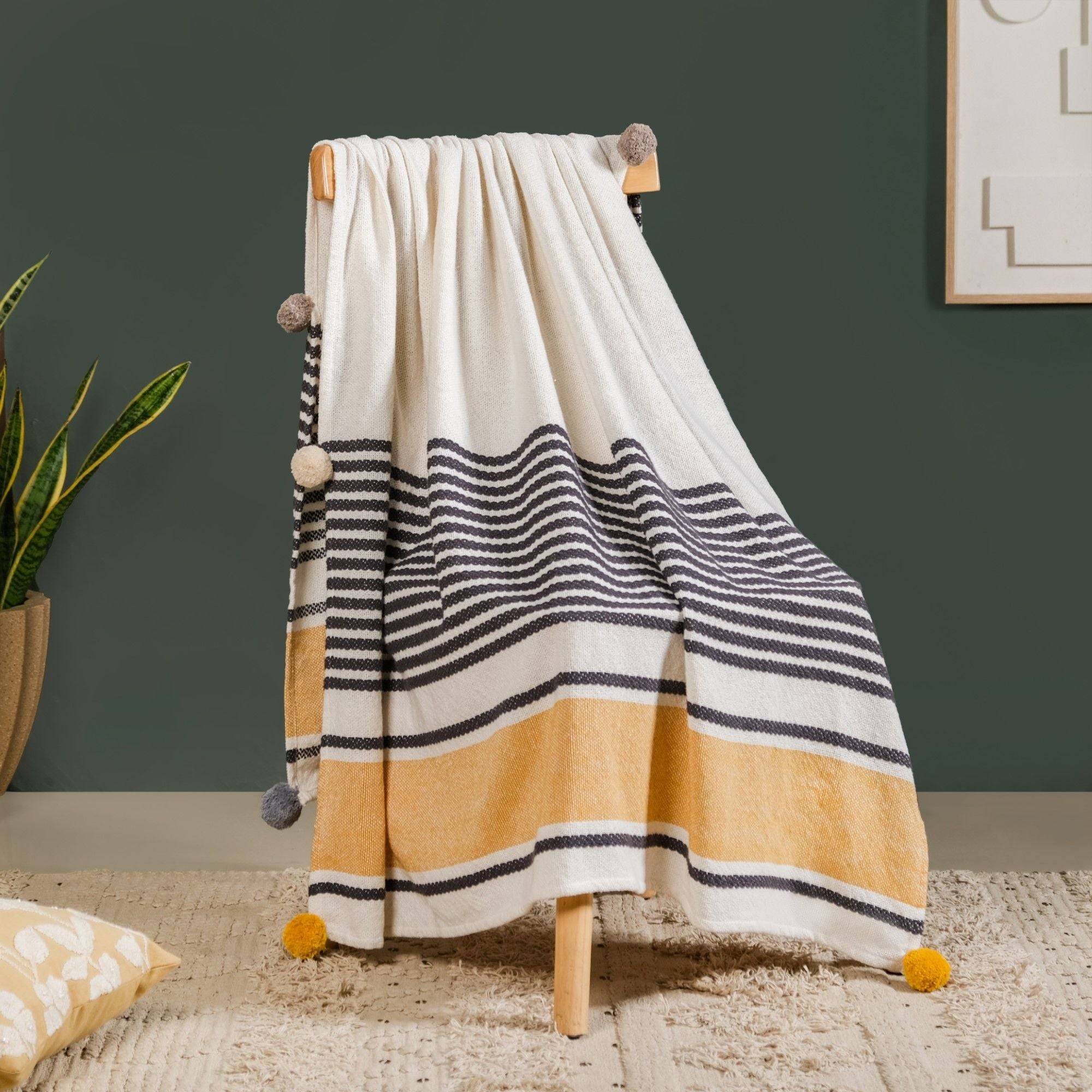 Stripe Story Minimalist Pure Cotton Throw With Boho Balls