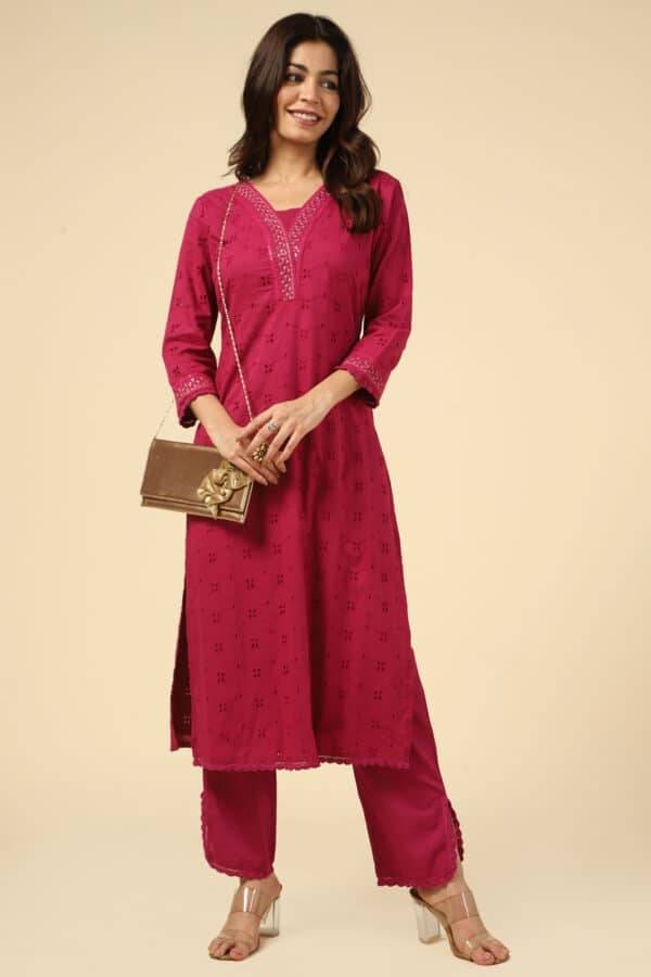 Burgundy Embroidered Cotton Schiffli Kurti
