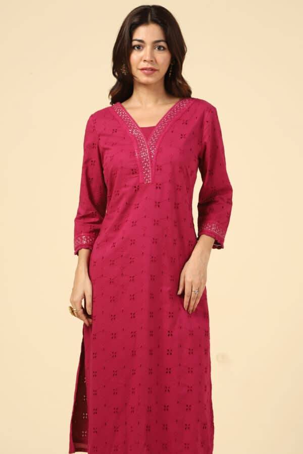 Burgundy Embroidered Cotton Schiffli Kurti