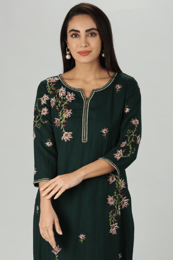 Green Rayon Embroidered Straight Cut Kurti