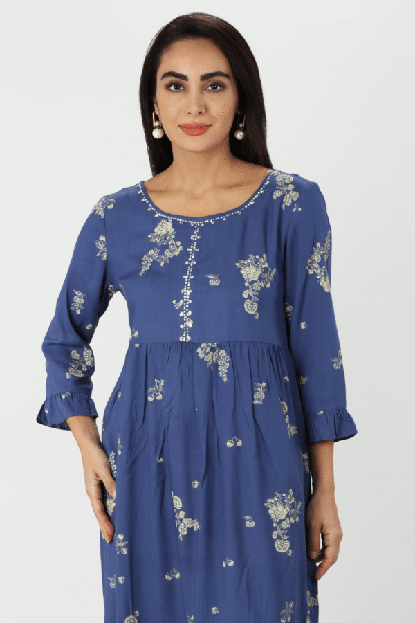 Blue Printed Rayon Slub Straight Kurti