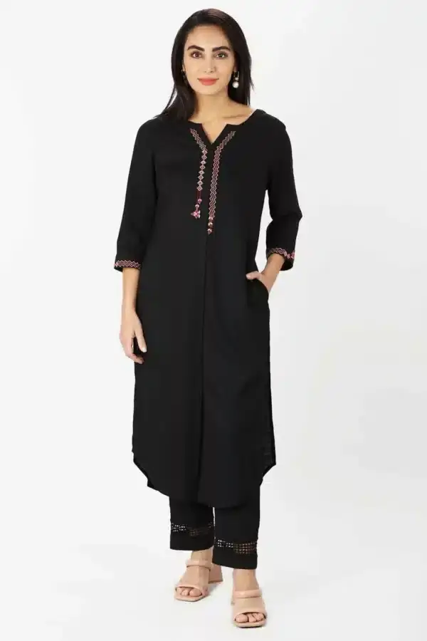 Black Embroidered Rayon Slub Kurti with Front Slit