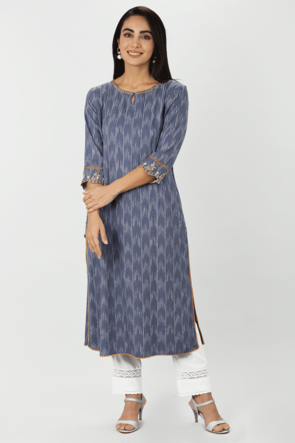 Blue Ikat Embroidered Kurti