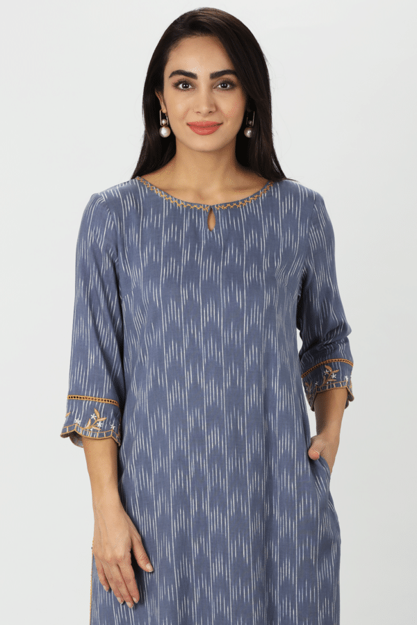 Blue Ikat Embroidered Kurti