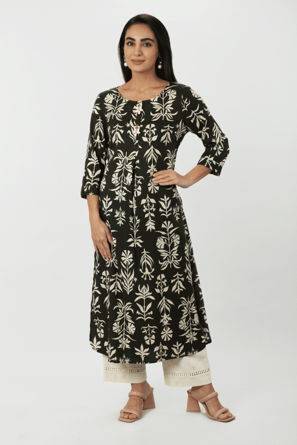 Black Printed Rayon Slub A-Line Kurti