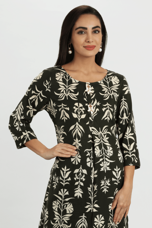 Black Printed Rayon Slub A-Line Kurti