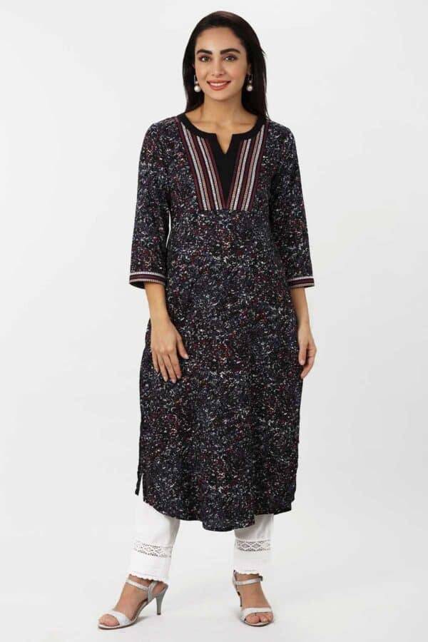 Charcoal Black Embroidered Rayon A-Line Kurti