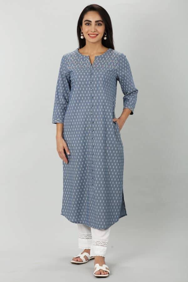 Blue Chambray Embroidered Kurti