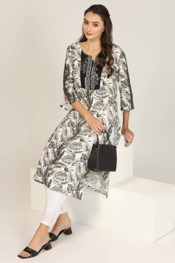 Black & White Rayon Embroidered Kurti