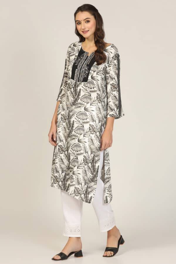 Black & White Rayon Embroidered Kurti