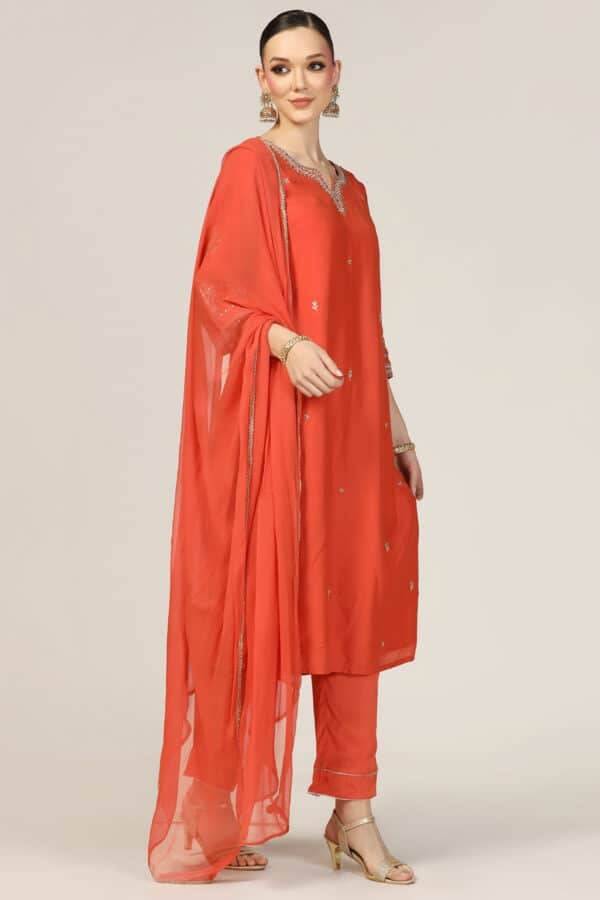 Orange Chanderi Embroidered Kurti