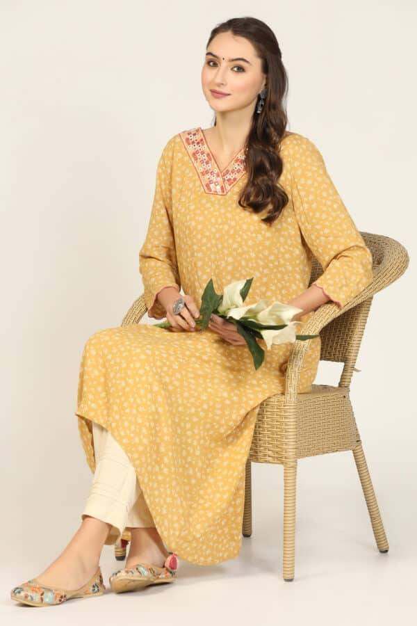 Mustard Embroidered Rayon Crepe Kurti