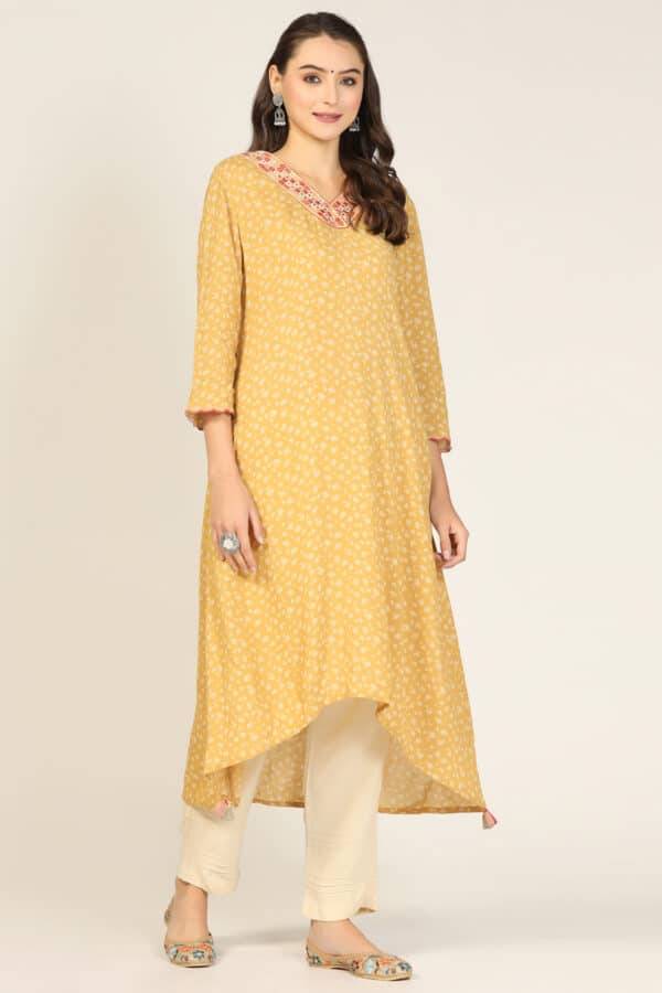 Mustard Embroidered Rayon Crepe Kurti