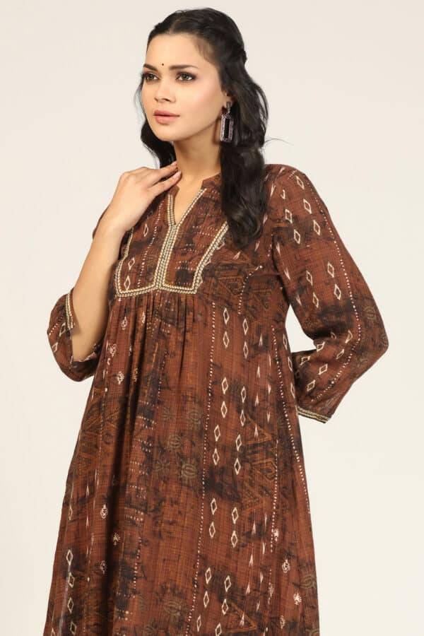 Brown Embroidered Dobby Cotton Mandarin kurti