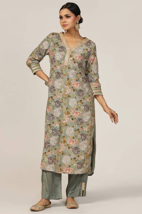 Sage Green Embroidered Crepe Ensemble Kurti