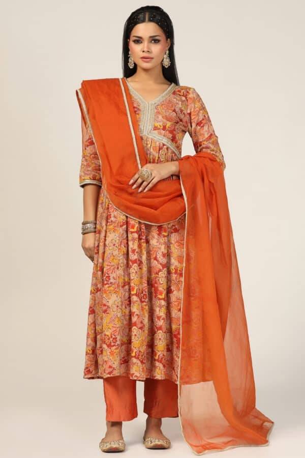 Rust Chiffon Embroidered Flared Kurti