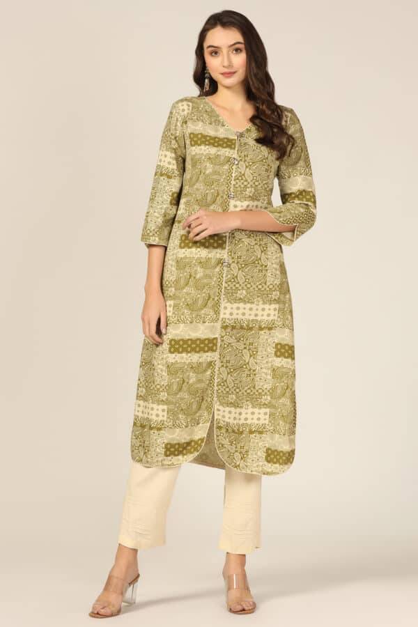 Olive Green Printed Front slit Kurti