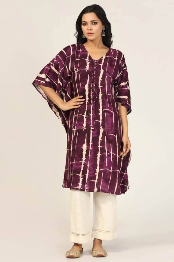 Wine Radiance V-Neck Kimono Sleeves Kurti