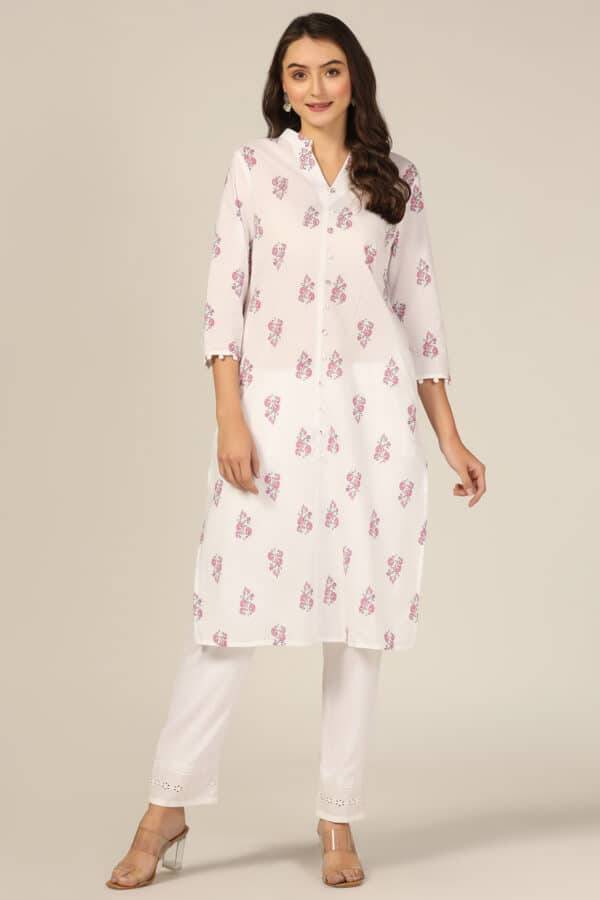 White Cotton Printed Kurti with Mandarin Collar