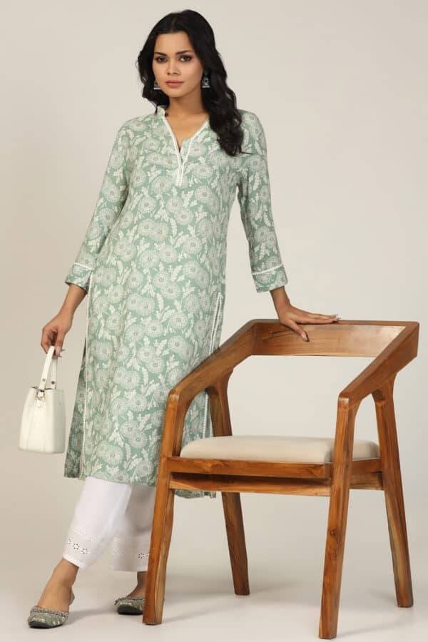 Green Printed Kurti with Mandarin Collar