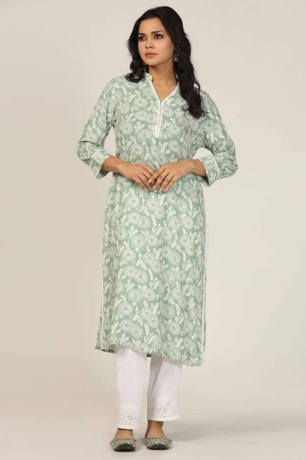 Green Printed Kurti with Mandarin Collar