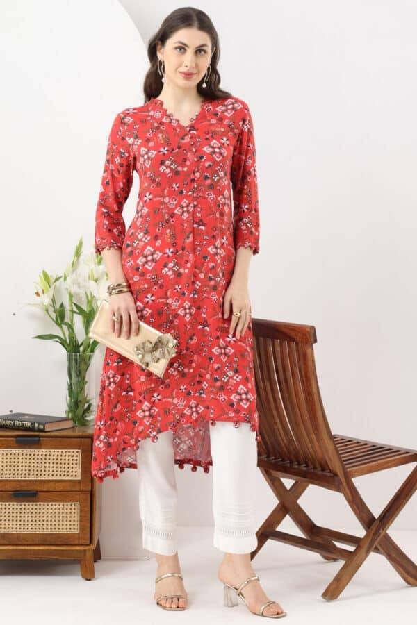 Red Printed Rayon Kurti with Mandarin Collar