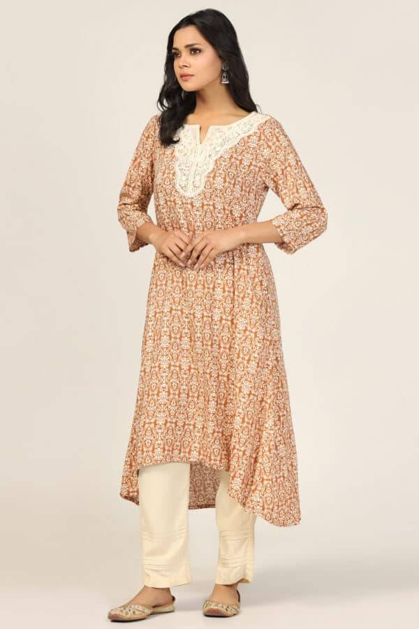 Brown Rayon Printed High-Low Kurti