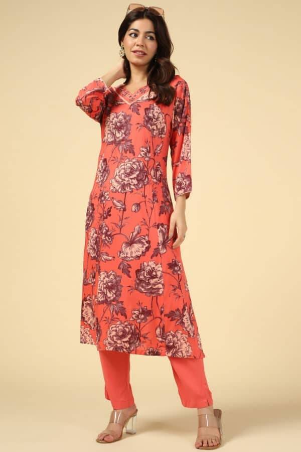 Coral Embroidered Straight Cut Kurti